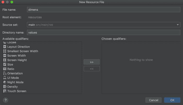 Screenshot of Android Studio when creating a dimensions file